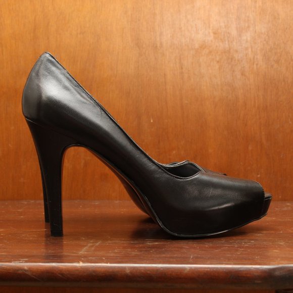 Black Leather Peep Toe Pumps - Picture 1 of 5